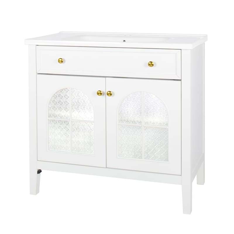 35.6-Inch Mid-Century Bathroom Vanity Sink with Patterned Glass & Motion-Sensor Light, Farmhouse Storage Vanity