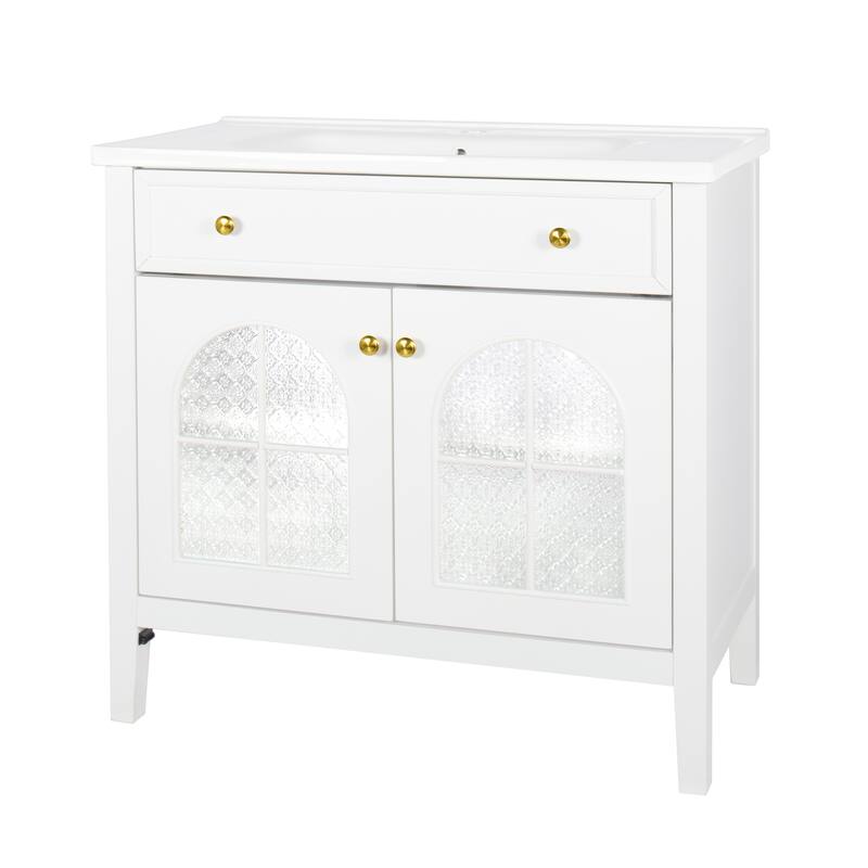 Modern Single Sink Bathroom Vanity Cabinet with Motion-sensor Light Strip & Patterned Glass, Ceramic Integrated Basin