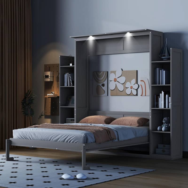 Queen Size Murphy Bed with Shelves and LED Lights - Grey