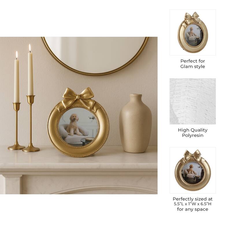Gold 4x4 in. Polyresin Glam Round Photo Frame with Bow
