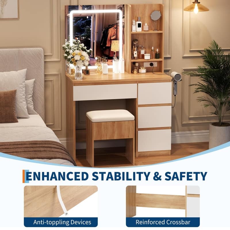 Vanity Desk with LED Mirror, Charging Ports, Storage Stool, Drawers, Hair Dryer Holder