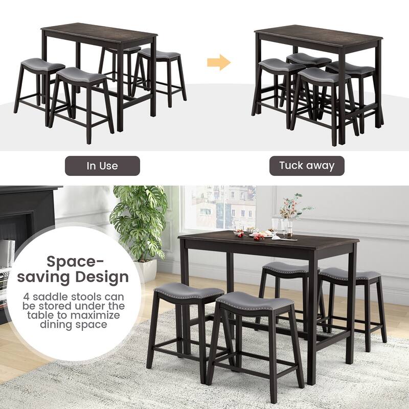 Gymax 5PCS Bar Table Set Counter Height Table & Upholstered Saddle