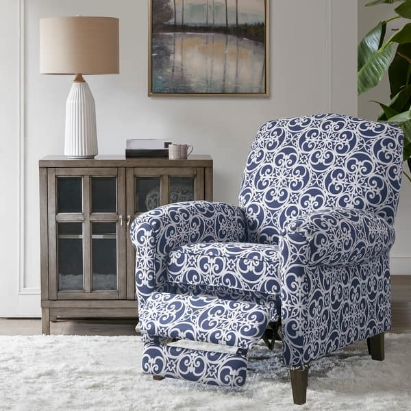 slide 2 of 13, Madison Park Kirby Solid Wood Upholstered Push Back Recliner Chair with Rolled Arms Navy Multi