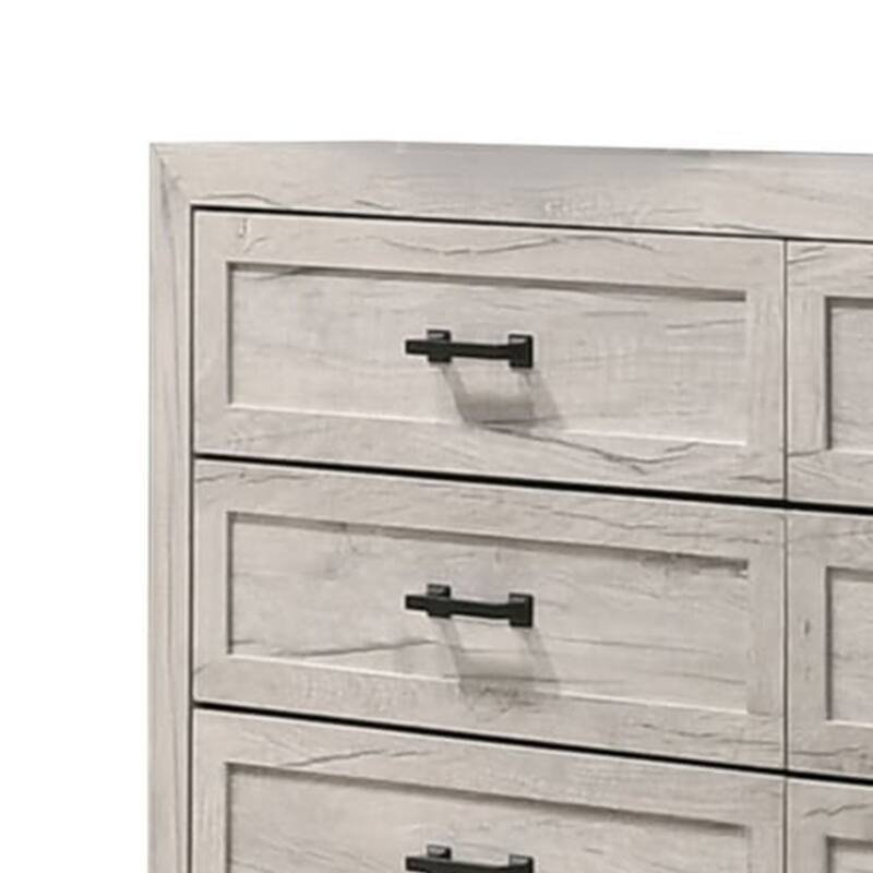 Miot Wide Dresser, 6 Drawers w Metal Handles, White Wash Wood