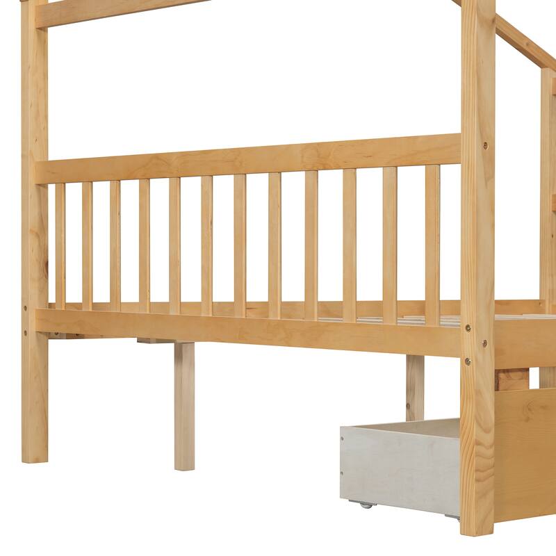 Full Size Wooden House Bed with Drawers, Natural Finish, Sturdy Pinewood Construction