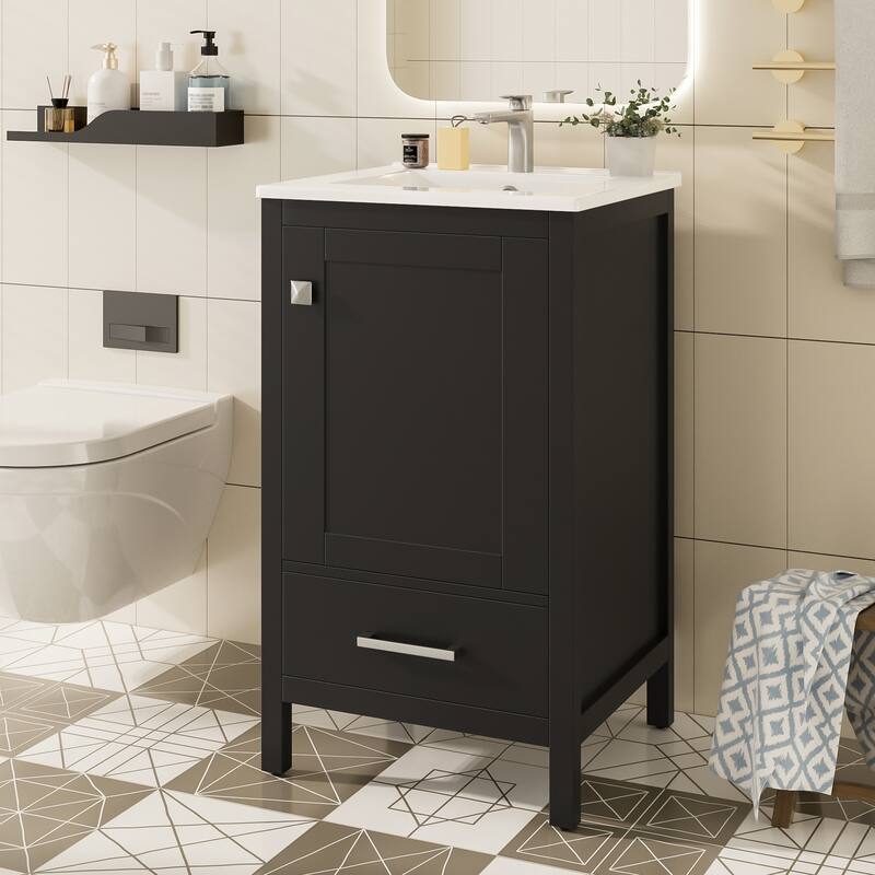 Bathroom Vanity with Sink, Small Bathroom Storage Cabinet, Bathroom Vanities with Soft Closing Door & Divider Drawer - Black
