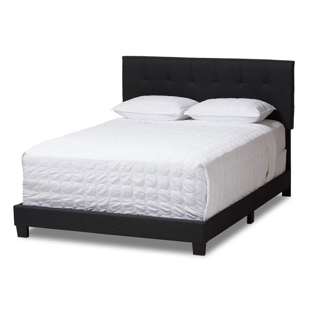Queen Size Bed with Padded Headboard - Charcoal Grey Fabric Platform Bed Frame, Modern Design