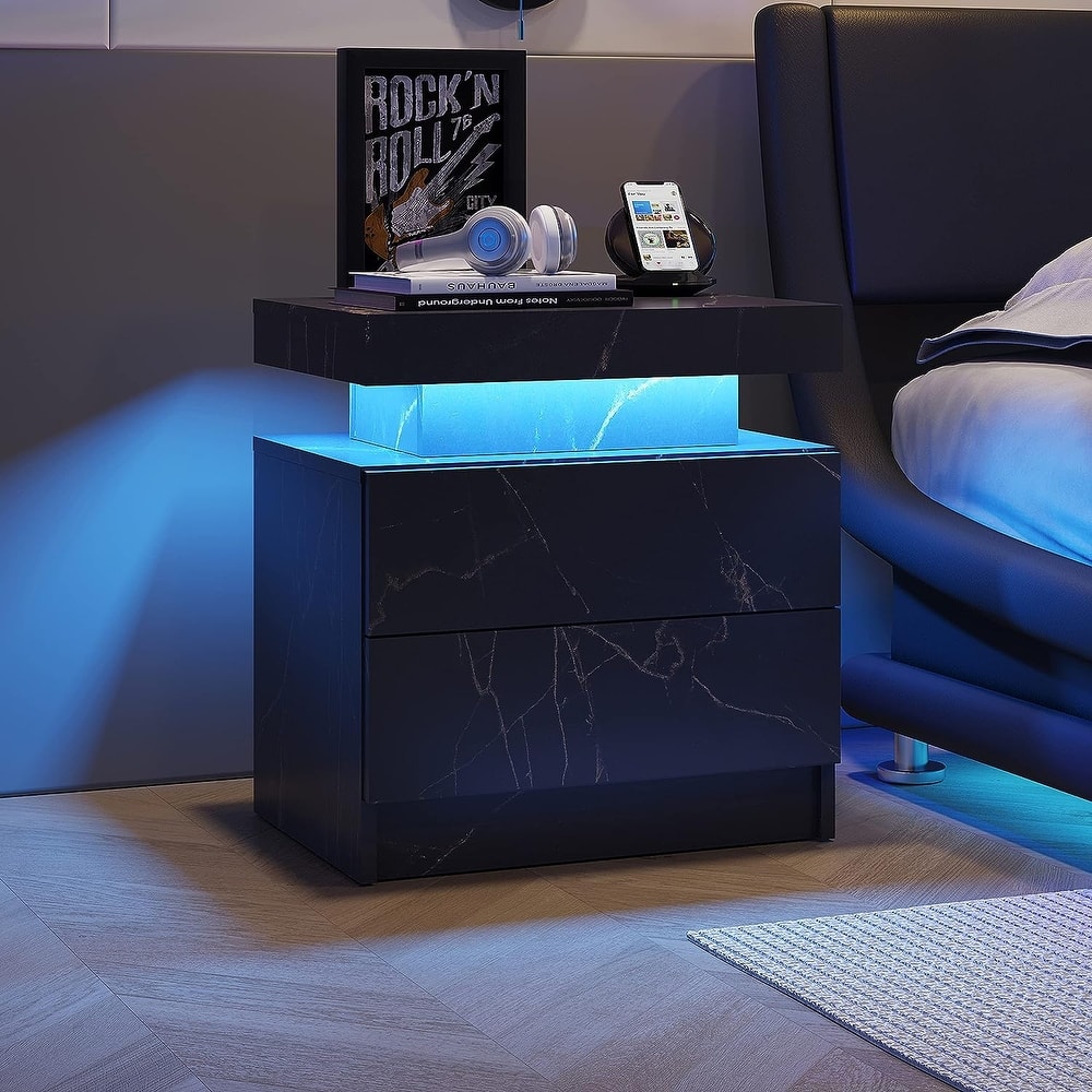 Modern Bedroom Wooden Nightstand/Bedside Table Cabinet with LED Lights and 2 Drawers