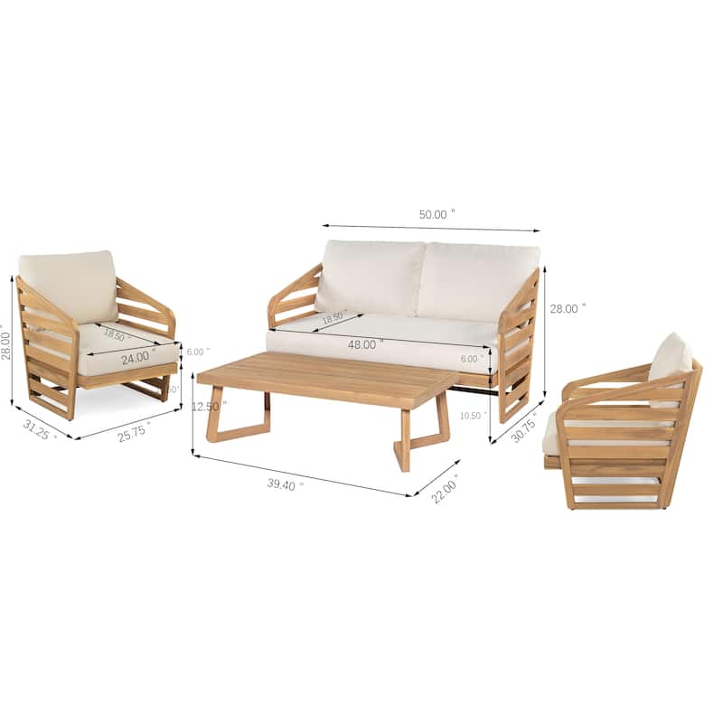 Roomfitters Outdoor Acacia Wood 4-Piece Patio Chat Set with Cushions, Beige