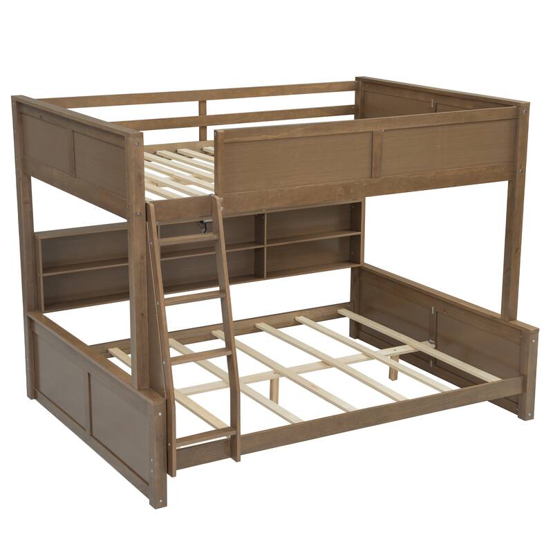 Wood Full XL over Queen Bunk Bed with Shelves, Storage Cabinets, USB Ports, Bunk Bed Frame w/Slats Support, No Box Spring Needed