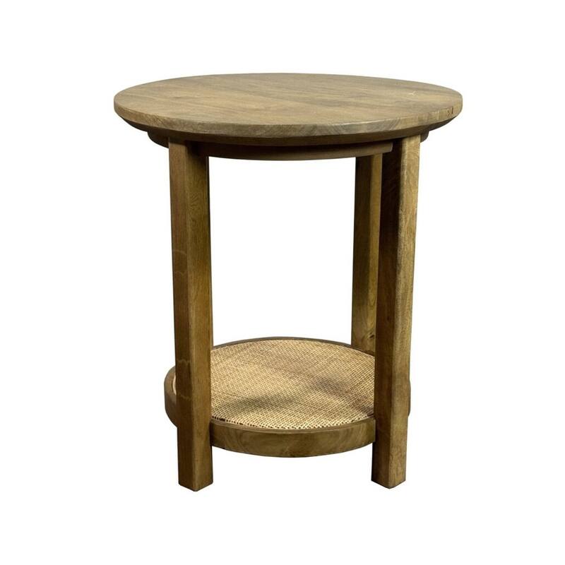 Haven 20″ Round Accent Table with Handwoven 1 Cane Shelf – Vintage Blonde Acacia Finish Wooden Side Table - Blonde Acacia - Acacia