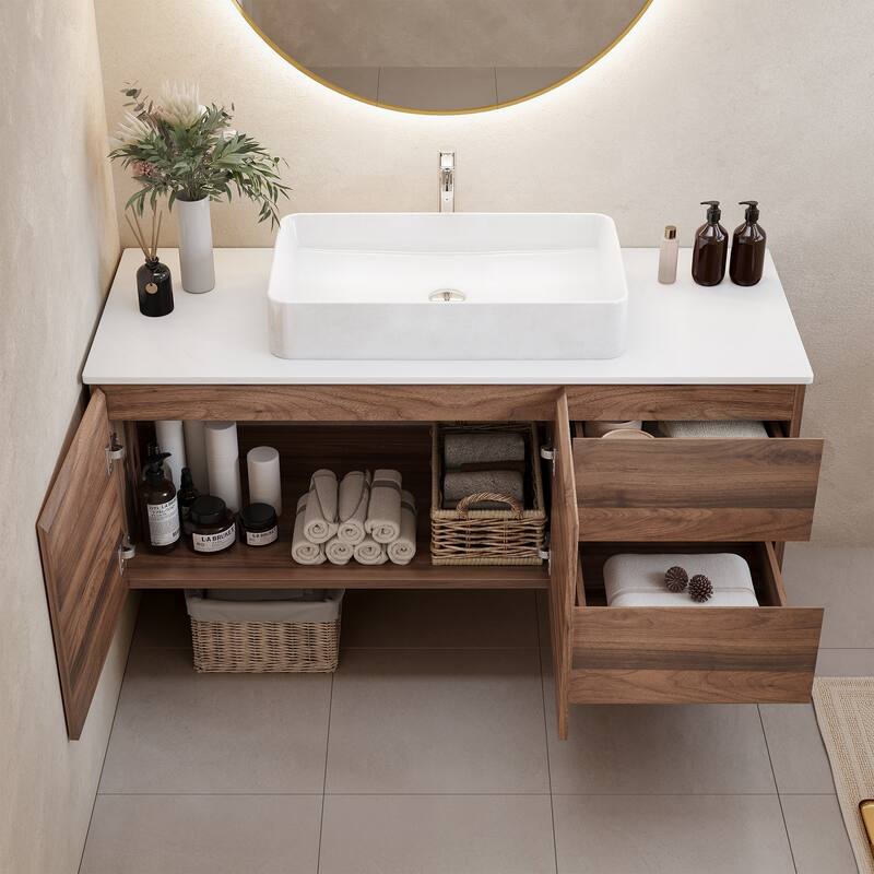 48" Wall-Mounted Bathroom Vanity with Ceramic Sink, Sintered Stone Top