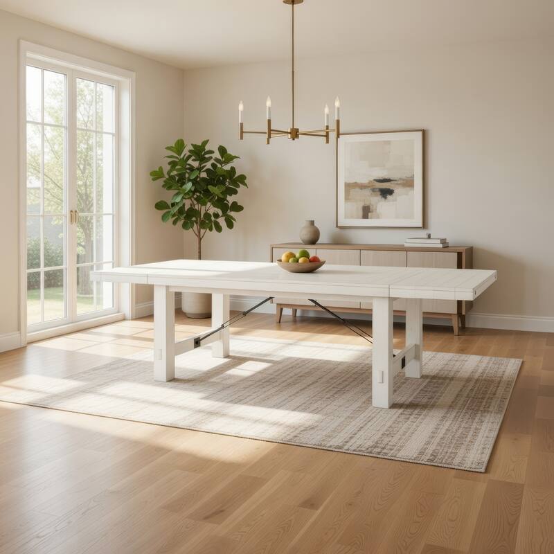 Rena Dining Table, 2 Extension Leaf, 86-122 Inch White Mahogany Wood