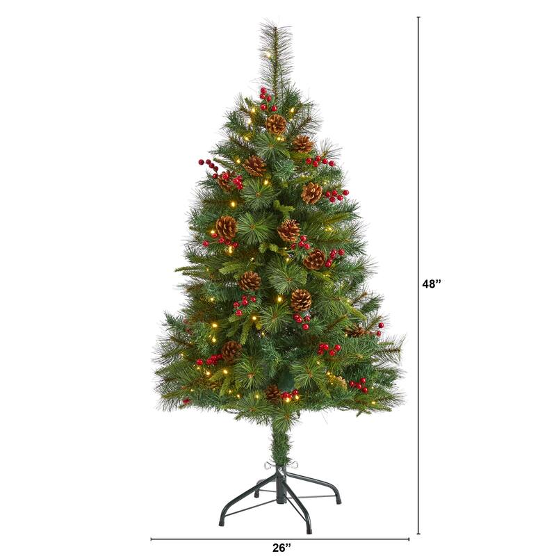4' Mixed Pine Artificial Christmas Tree with 100 Clear LED Lights, Pine Cones and Berries