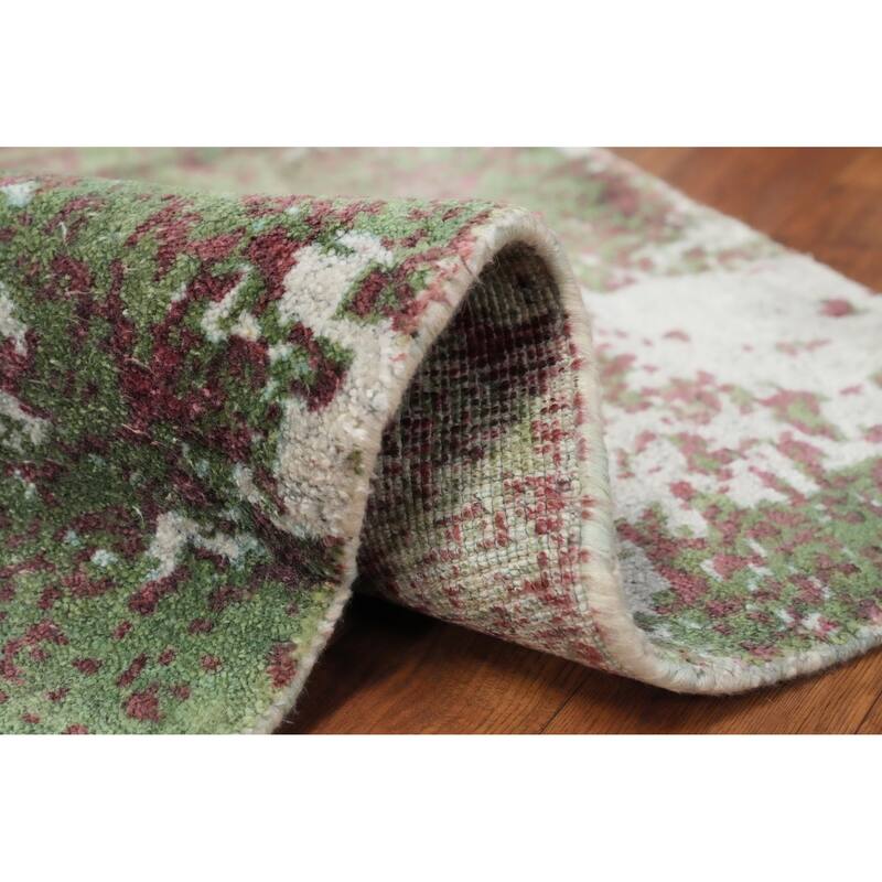 Hand Knotted Oriental Viscose Silk Carpet Modern All-Over Green Abstract Area Rug - 4' 0'' X 2' 0''