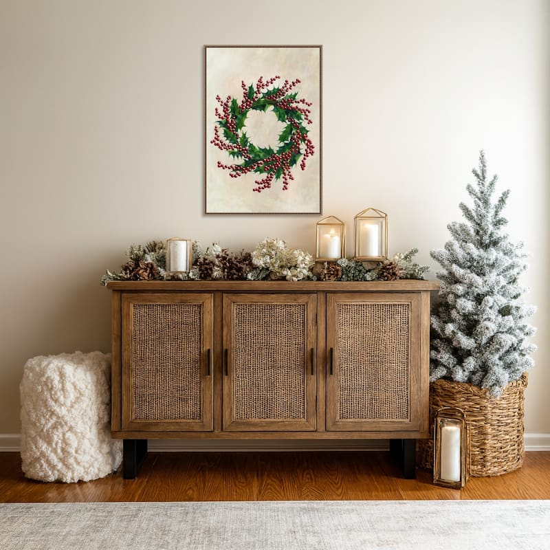 Holly wreath by Rosana Laiz Blursbyai (23 x 33 in.), Framed Canvas Wall Art Print - Sylvie Beaded Dark Gold