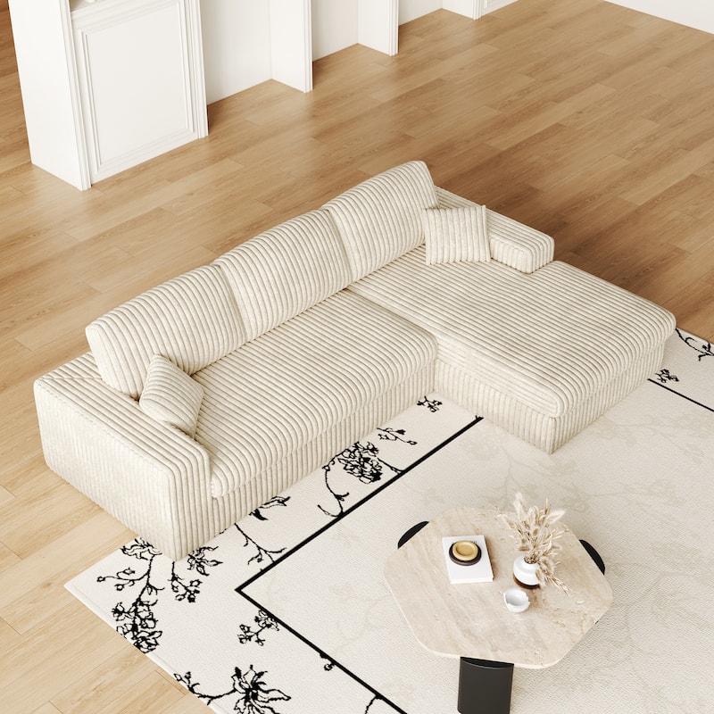 L-Shaped Sectional Sofa with Chaise Lounge, Corduroy Modular Foam Sofa, Upholstered Sofa with 2 Cushion & 2 Throw Pillows