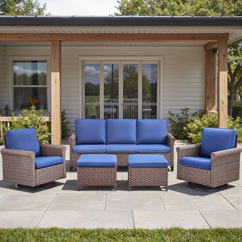 Pocassy Outdoor Sofa Swivel Chairs Patio Chair Funiture Set - 5PCS Sofa Swivel Chair w/ Ottoman - Brown Wicker Beige Cushion