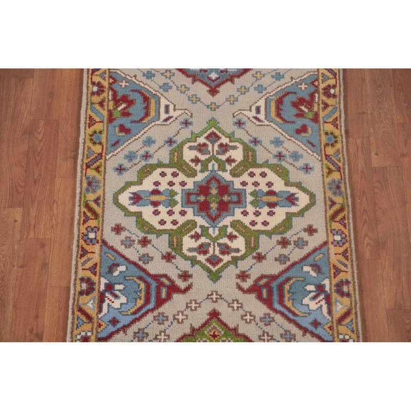 Gray Geometric Kazak Oriental Accent Rug Handmade Wool Carpet - 2'7"x 5'11"
