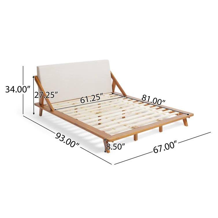 Beige+Natural Queen Size Acacia Wood Bed with Warm Beige Cushion