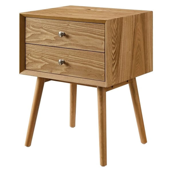 Olson Midcentury Modern Natural Wooden Nightstand with Hidden Charging