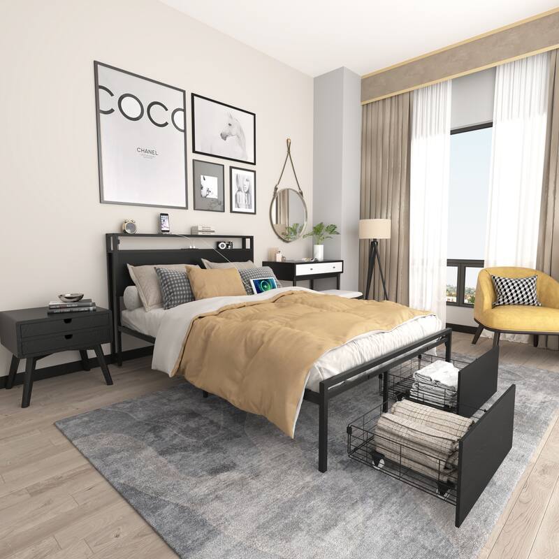 Full Size Metal Platform Bed Frame with Storage Headboard and 2 Drawers, LED Lights Bed with Charging Station, Storage Bed