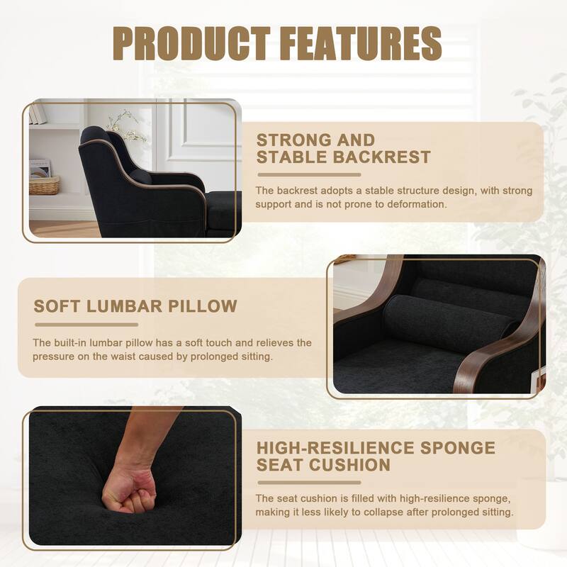 HOMEFUN Chenille Upholstered Wood Frame Oversized Chaise Lounge Single Sofa Bed with Side Pocket for Living Room,Bedroom