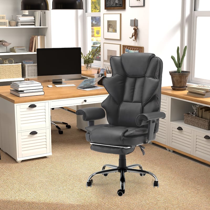 Ergonomic 6-Point Massage Office Chair with Heating, Reclining Function, Retractable Footrest, and Adjustable Armrests - Grey