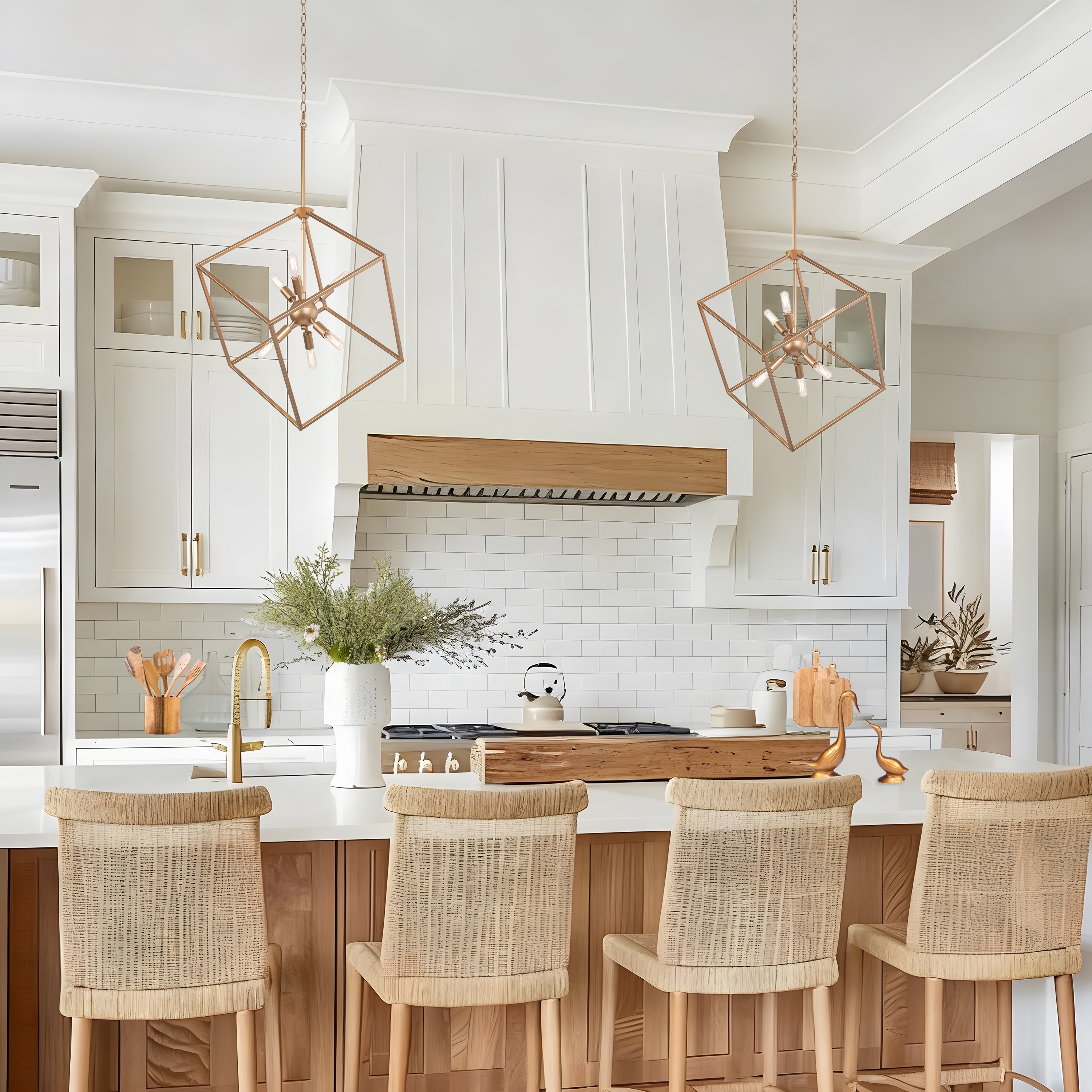 Modern Gold 6-Light Sputnik Chandelier Cube Island Pendant for Kitchen Island Dining Room - W 20" x H 35"