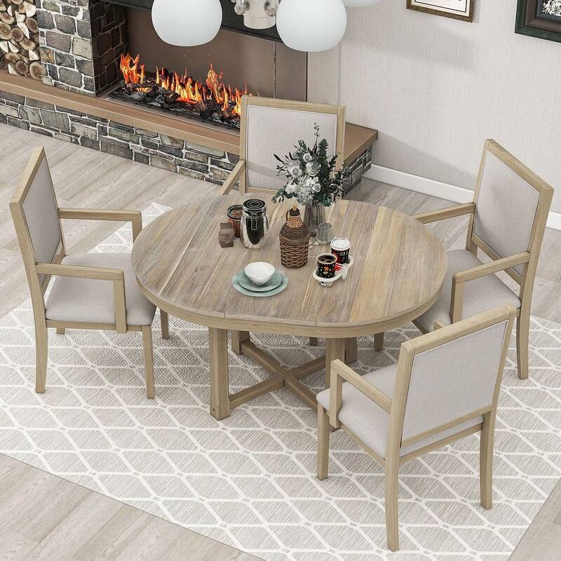 Wooden Round Drop Leaf Extendable Dining Table Set with 4 Upholstered Chairs