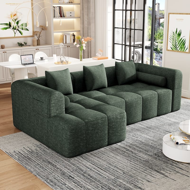 101.2" Chenille Sectional Sofa Full Compressed Sofa Modular Sofa Couch with 2 Side Pockets, Free Combined Sofa - Green