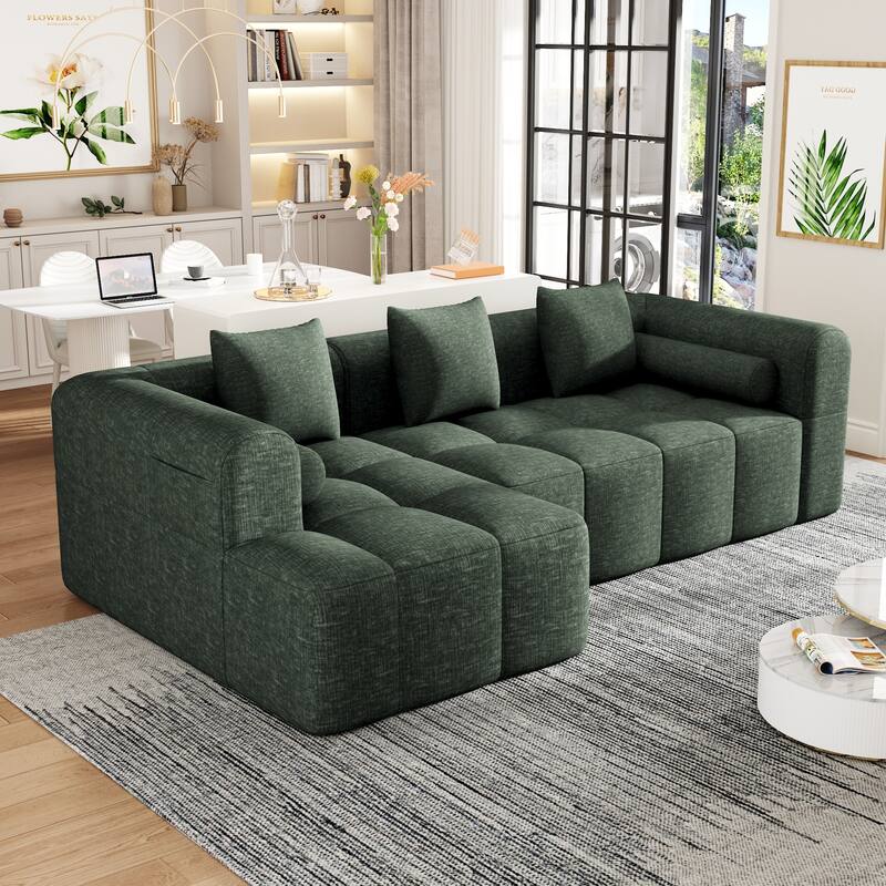 Full-Compressed Sectional Sofa with L-Shape Chaise, Modular 3 Seater Sectional Sofa, Upholstered Sofa with Side Pockets