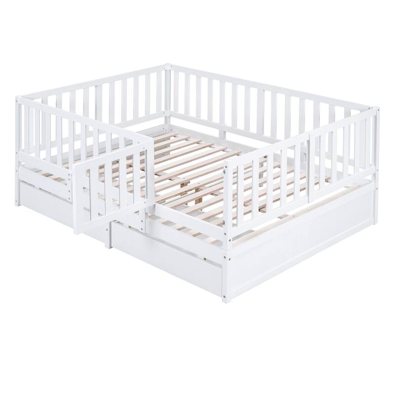 Full Size Wood Daybed with Fence Guardrails and 2 Drawers