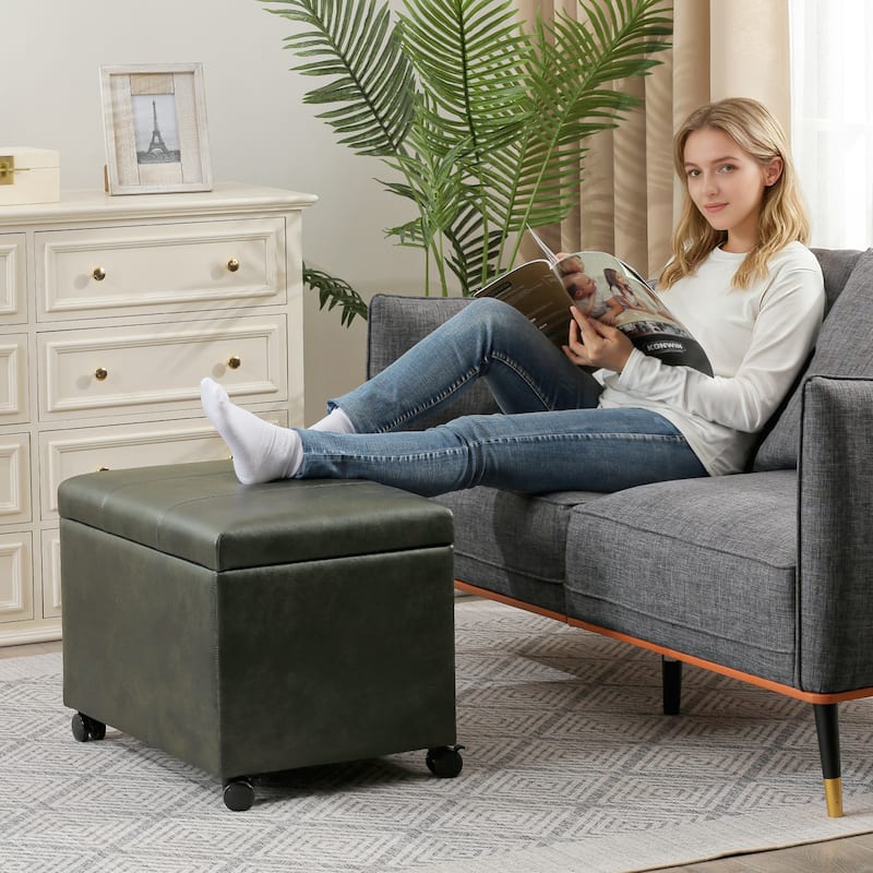 Adeco Faux Leather Storage Ottoman for Living Room Footstool