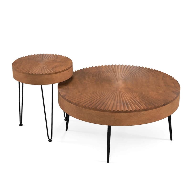 Set of 2 Boho Round Coffee Table Sofa Side Nesting Table w/ Wood Top - Coffee
