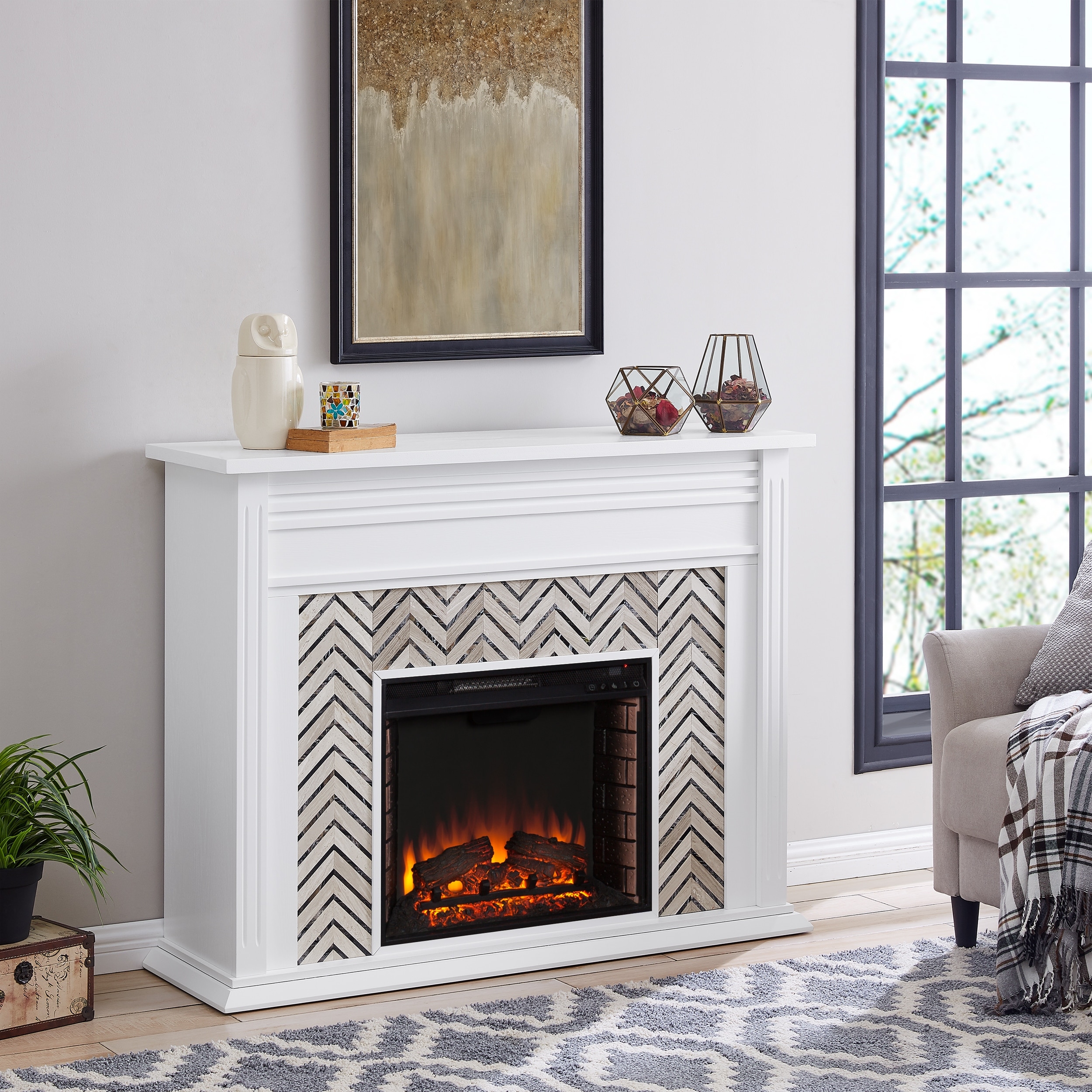 SEI Furniture Heidi Contemporary Electric Fireplace with Chevron Design White Marble Mantel