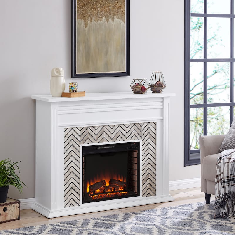 SEI Furniture Heidi Contemporary Electric Fireplace with Chevron Design White Marble Mantel - White w/ Brick Accent Firebox