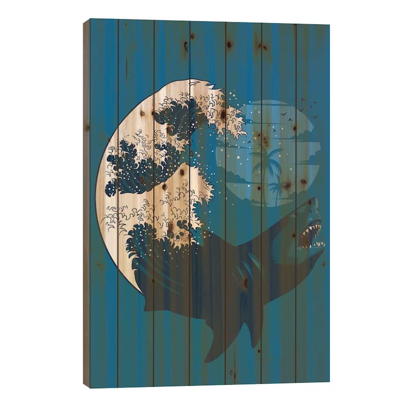 Shark Wave Print On Wood by Alberto Perez - Multi-Color - 40x26x1.5