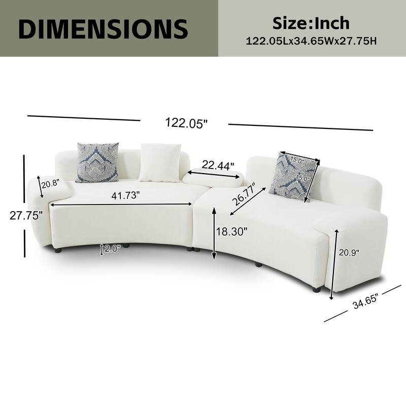 Christopher Knight Home - Lunaria 122" Modern Upholstered Curved Sofa with 2 Damask Pattern Pillows