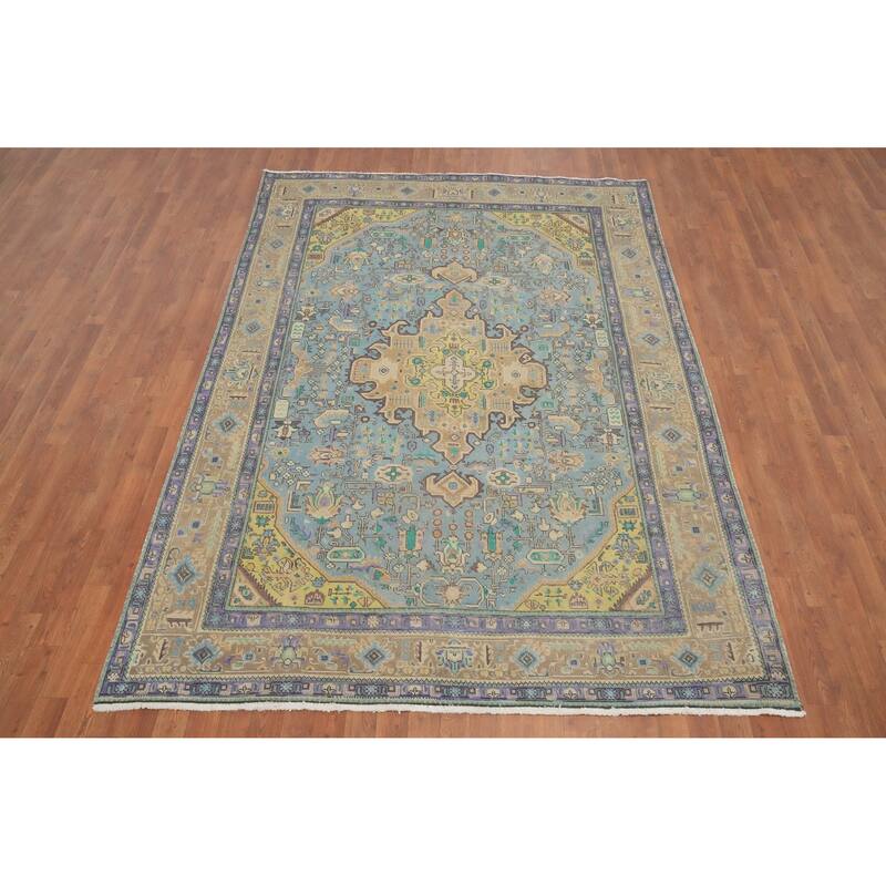 Hand Knotted Oriental 100% Wool Carpet Traditional Floral Navy Blue & Blues Tabriz Area Rug - 9' 0'' X 6' 3''