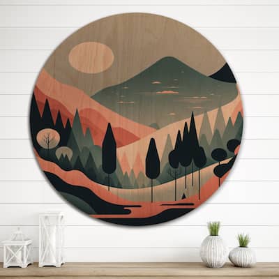 Designart "Graphic Mountain Trees In Pink And Blue III" Landscape Mountains Wood Wall Art - Natural Pine Wood