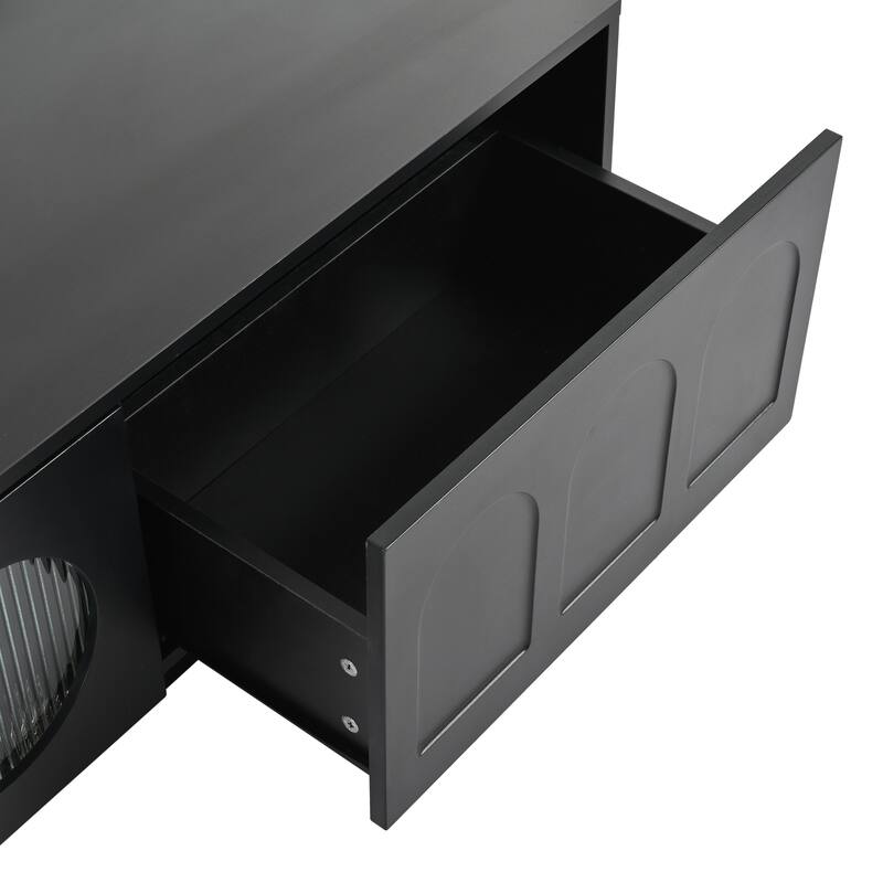 TV Stand with Fluted Glass Doors for TVs Up to 95'', Media Console with Arched Cabinet Doors, LED Light, White.