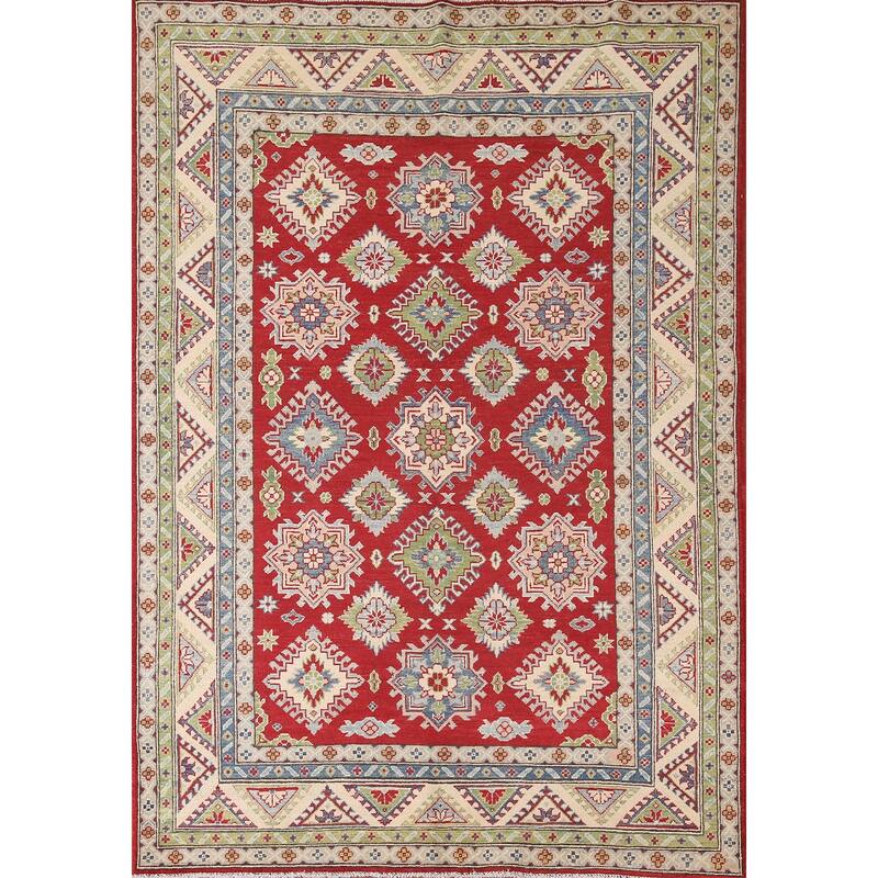 Geometric Red Kazak Oriental Area Rug Handmade Wool Carpet - 5'8" x 7'10"