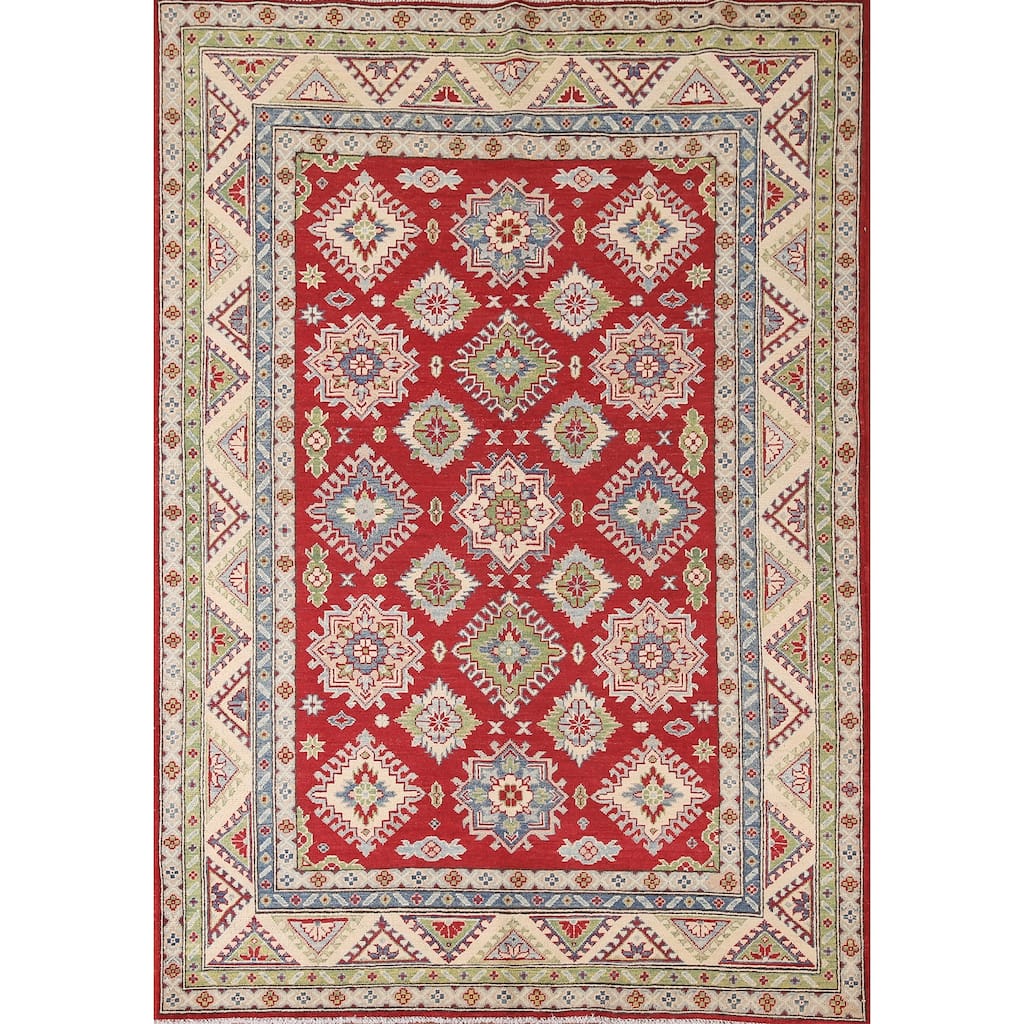 Geometric Red Kazak Oriental Area Rug Handmade Wool Carpet - 5'8" x 7'10"