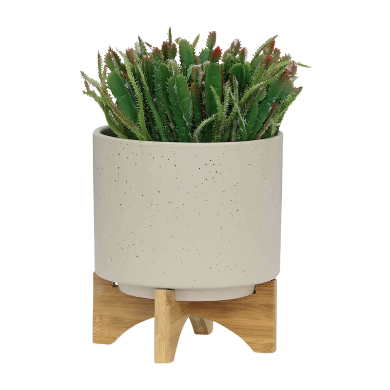 Sagebrook Home Ceramic Planters with Bamboo Stand Indoor/Outdoor