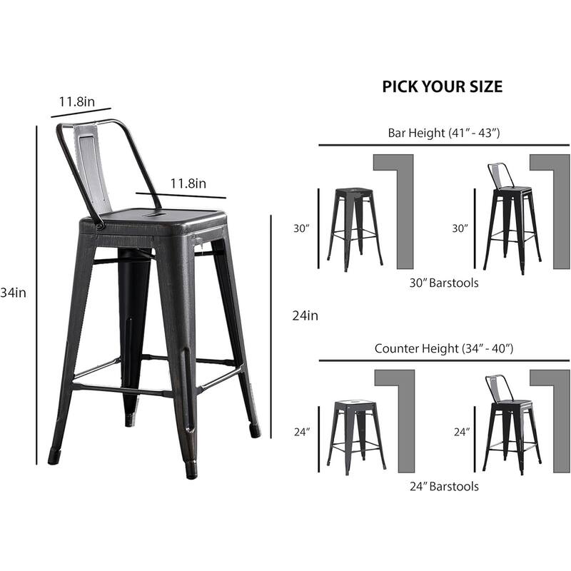 Industrial Metal Bar Stools Set of 2 Bucket Back 4 Leg Design 24in Seat Distressed