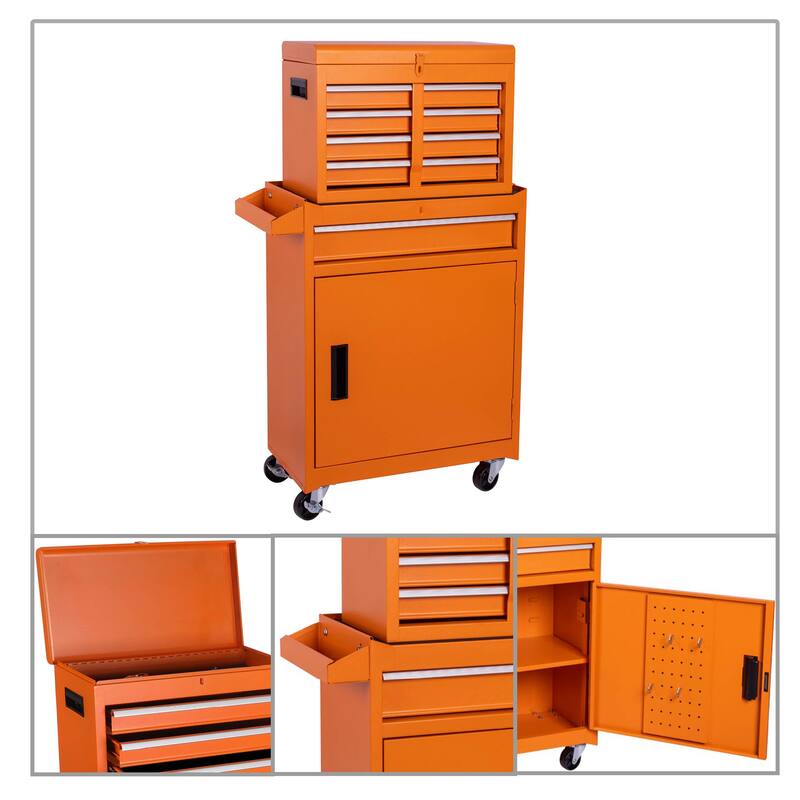 Modern and convenient work supply tool cabinet set with handles, drawers and cabinets, metal frame for garage workshop
