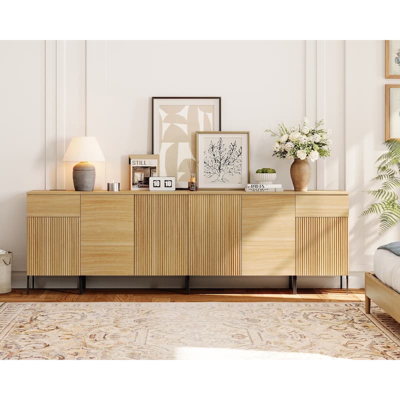 94.5" Modern Wood Reeded Dresser With Doors, Minimalist Dresser Organizer Storage With Charging Station - Oak