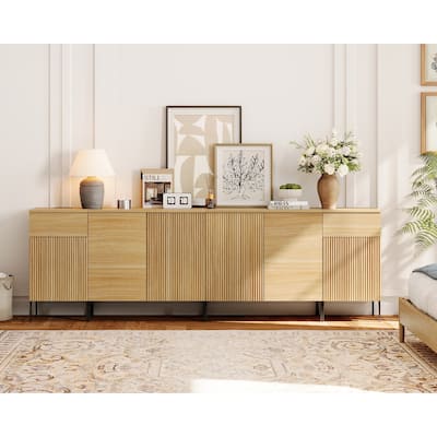 94.5" Modern Wood Reeded Dresser With Doors, Minimalist Dresser Organizer Storage With Charging Station