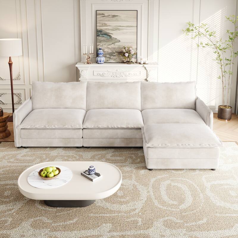Corduroy Cloud Sectional Sofa Modular L Shaped Couch with Ottoman